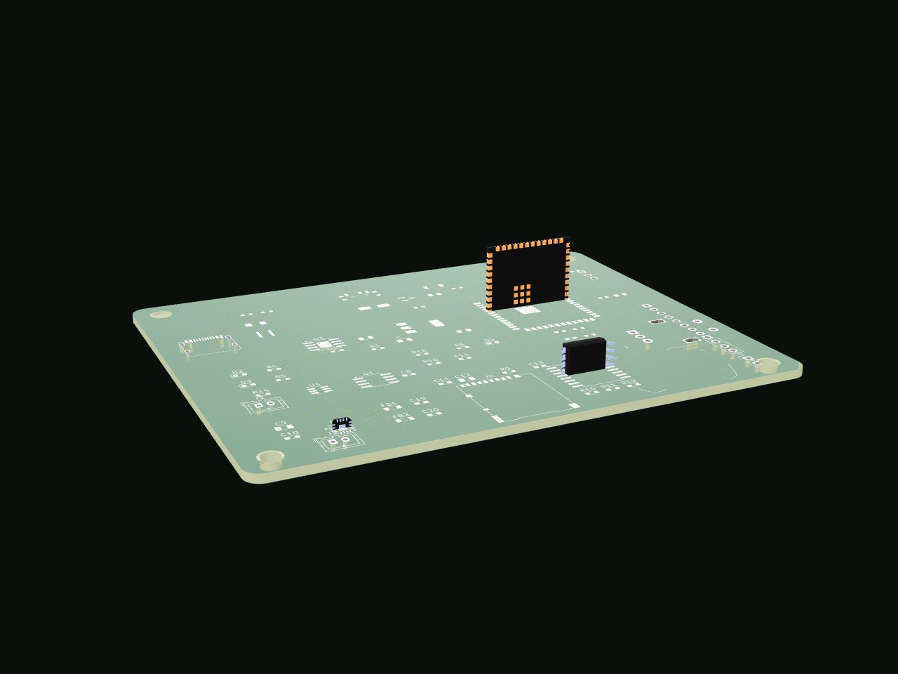 The Safi main board, 3D model exported directly from the KiCad manufacturing files